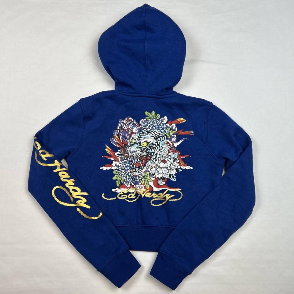 Ed Hardy Hoodie Womens Sz S Blue Cropped Full Zip Tiger Graphic Streetwear Y2K